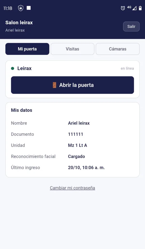 Pantalla para abrir la puerta desde el teléfono